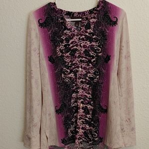 Dana Buchman small long sleeve botton up floral purple, black & cream blouse.